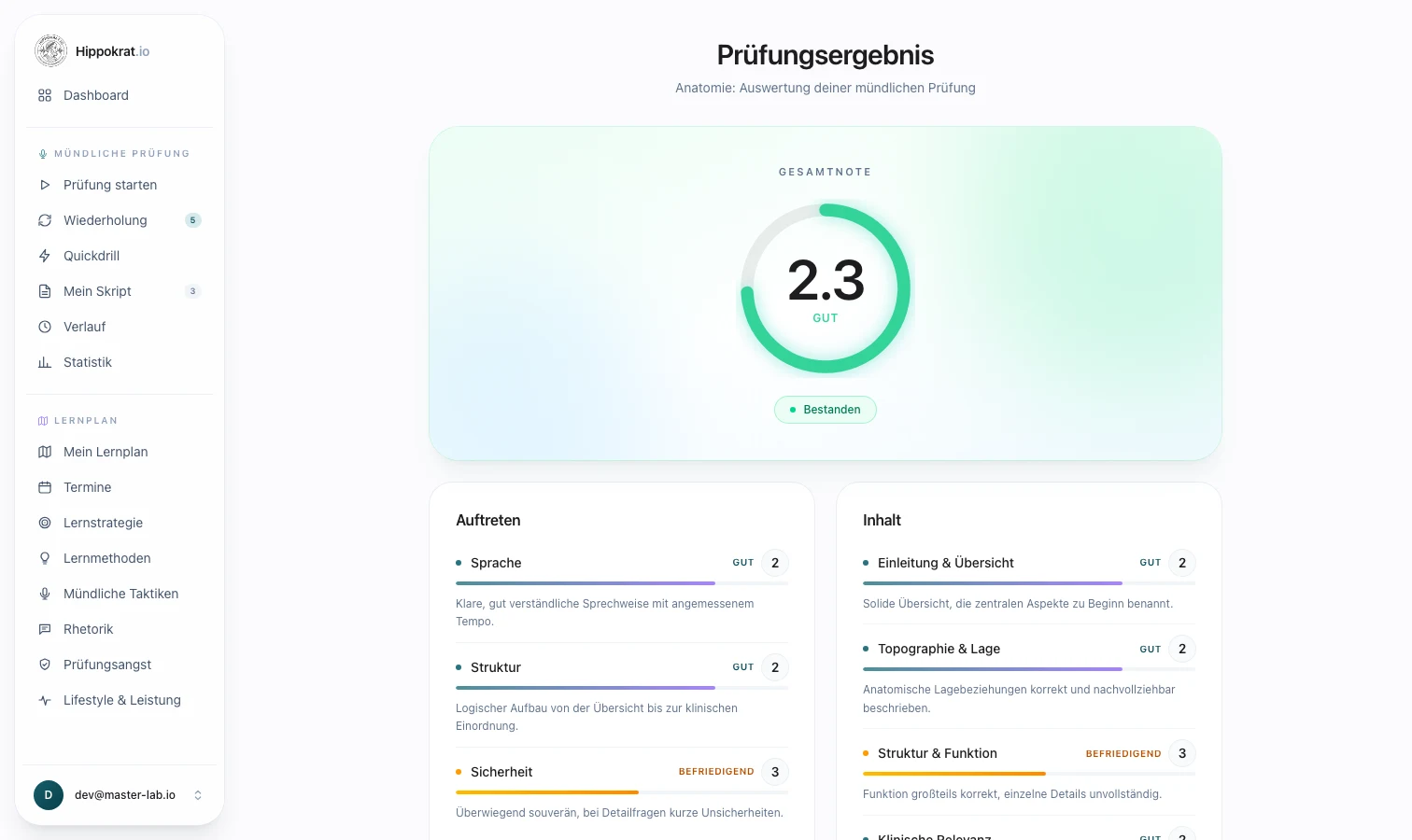 Prüfungsergebnis mit Gesamtnote und Einzelnoten, echter Screenshot
