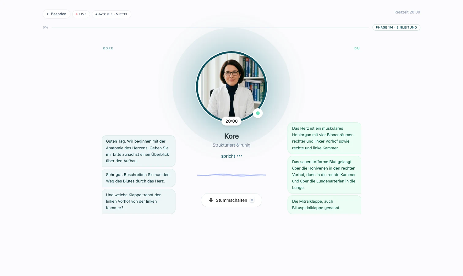 Live-Prüfung mit dem KI-Professor Kore, echter Screenshot