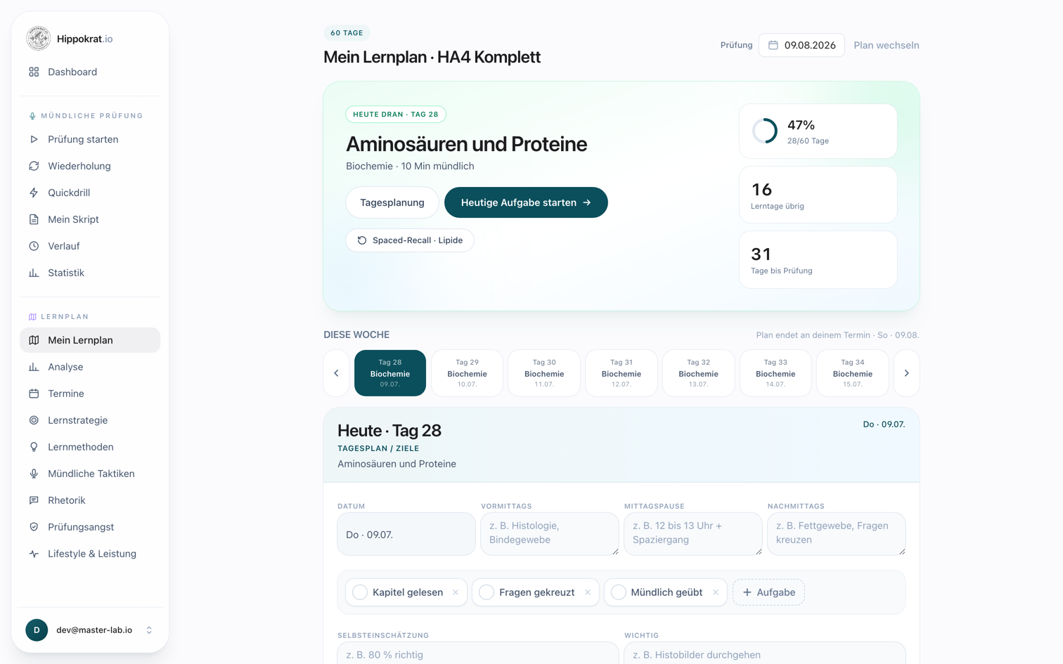 Lernplan-Tagesansicht mit heutigem Fokus, Fortschritt und Wochenplan, echter Screenshot
