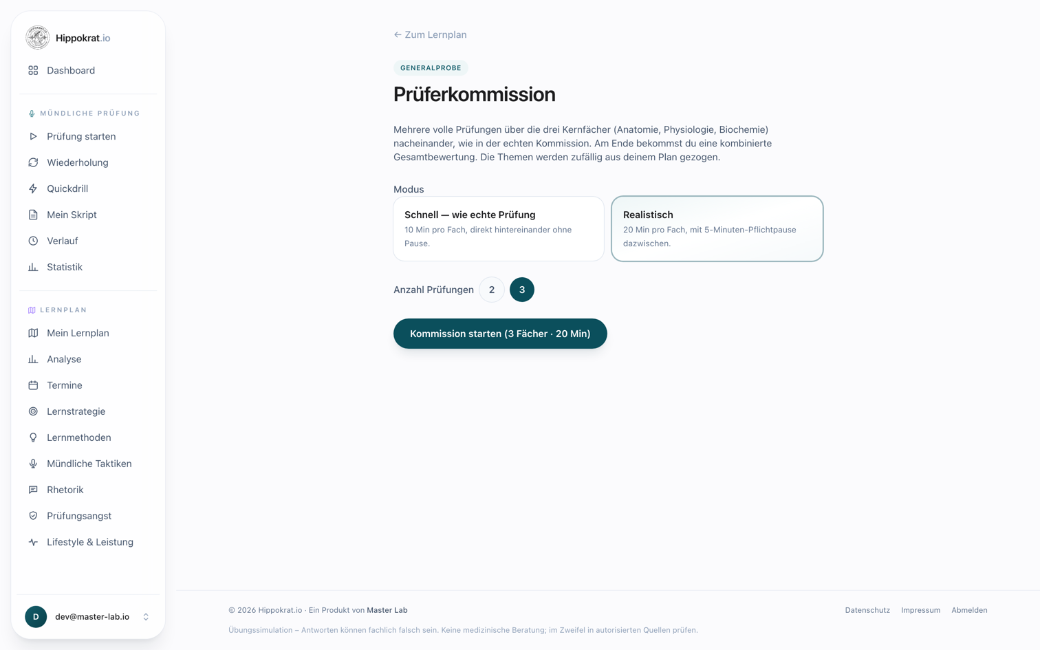 Prüferkommission. Modus und Anzahl Fächer wählen, echter Screenshot