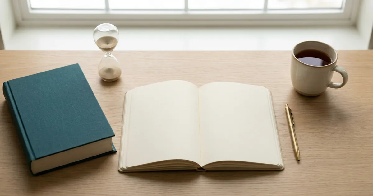 Aufgeräumter Schreibtisch mit aufgeschlagenem leeren Notizbuch, geschlossenem Lehrbuch, Sanduhr, Stift und einer Tasse Tee